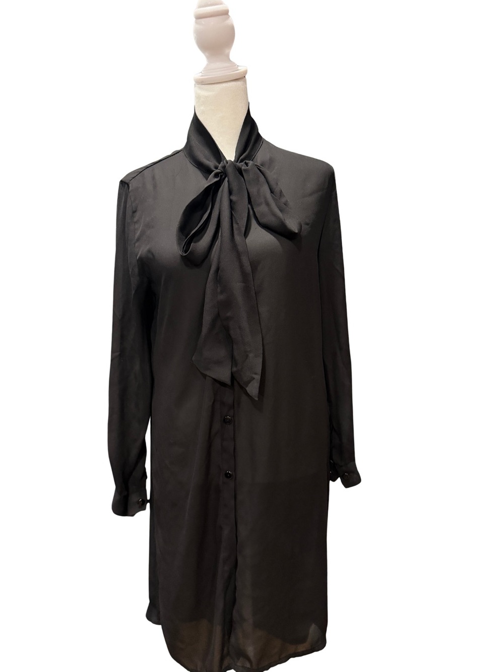 Black Tie-Neck Long Sleeve Dress